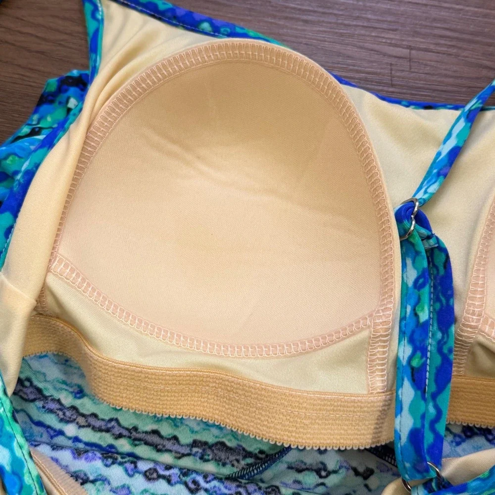 Miraclesuit Blue Geometric Tiered Ruffle Tankini Swim‎ Top Size 14 C6611777